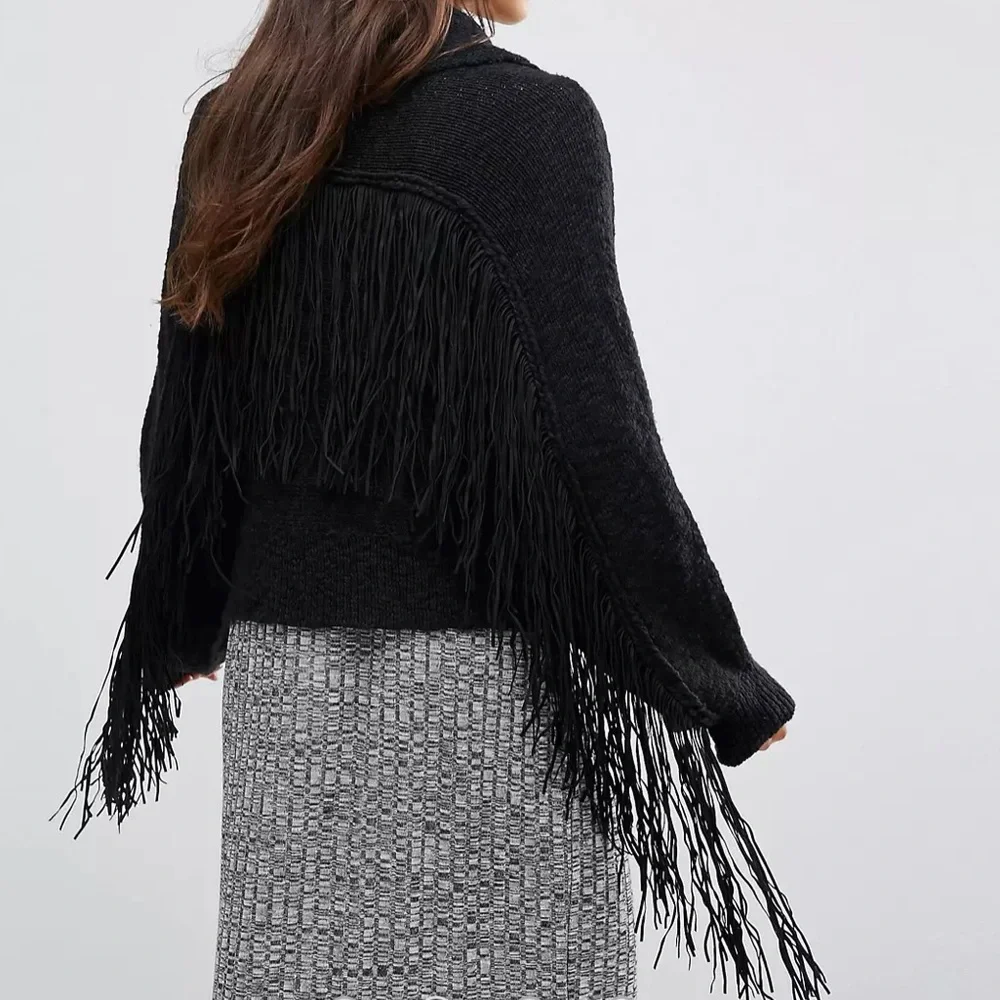 Wildfox Fringe Marishka Cardigan Cotton Rich Knit Sweater Small Black
